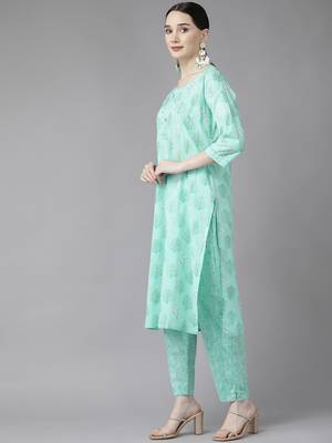 Turquoise printed cotton ethnic-kurtis 2