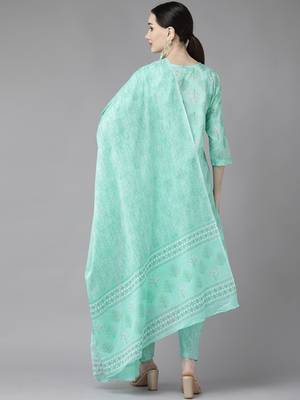 Turquoise printed cotton ethnic-kurtis 3