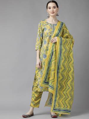 Yellow printed cotton ethnic-kurtis 1