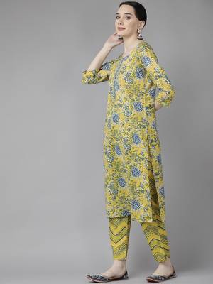Yellow printed cotton ethnic-kurtis 2