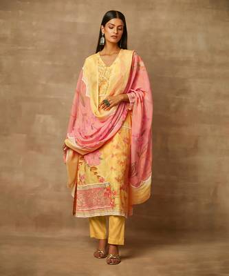 Rivaage Lemon Yellow Cotton Linen Unstitched Printed Suit. 1