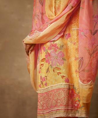 Rivaage Lemon Yellow Cotton Linen Unstitched Printed Suit. 2