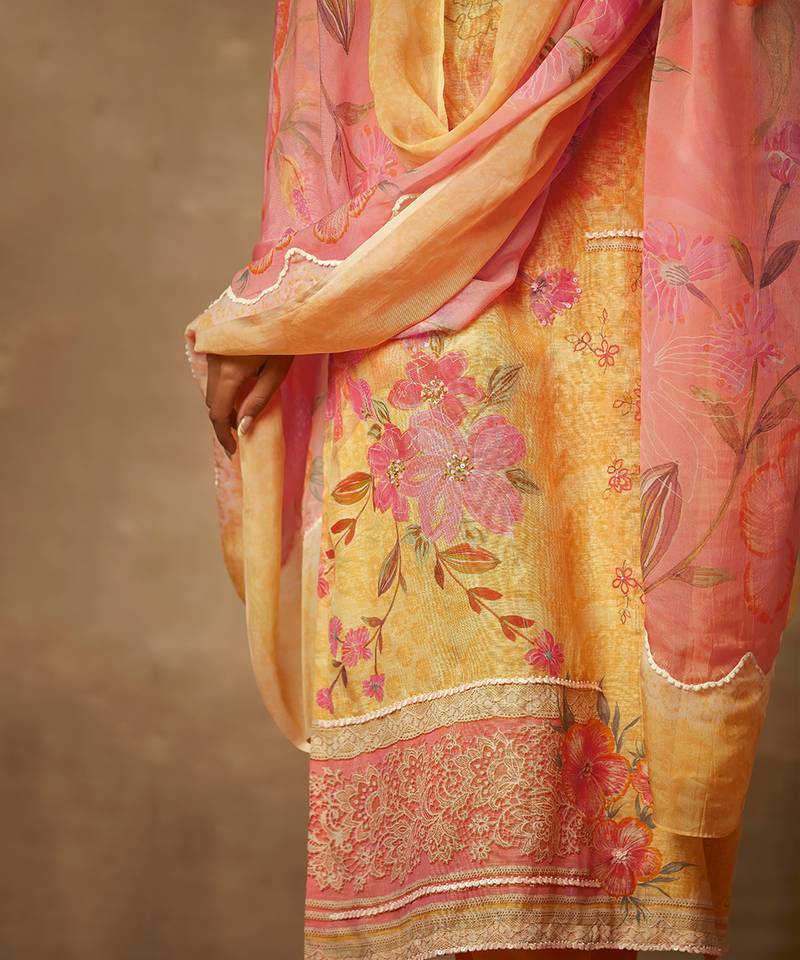 Rivaage Lemon Yellow Cotton Linen Unstitched Printed Suit.