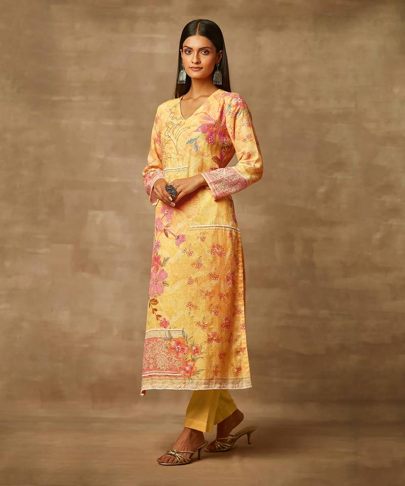 Rivaage Lemon Yellow Cotton Linen Unstitched Printed Suit.