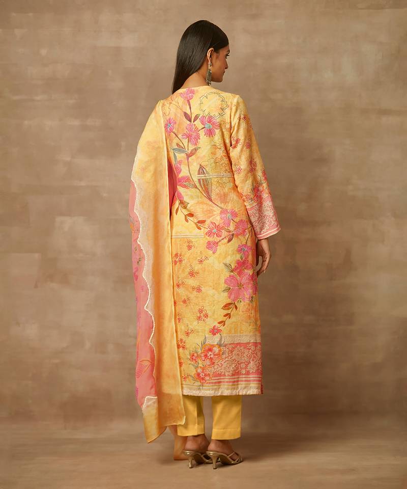 Rivaage Lemon Yellow Cotton Linen Unstitched Printed Suit.