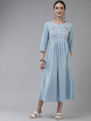 Sky-blue embroidered cotton long-dresses 1