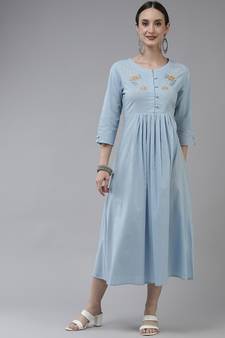 Sky-blue embroidered cotton long-dresses