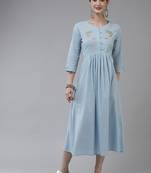 Sky-blue embroidered cotton long-dresses