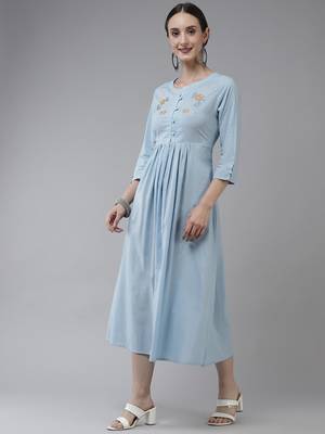 Sky-blue embroidered cotton long-dresses 2