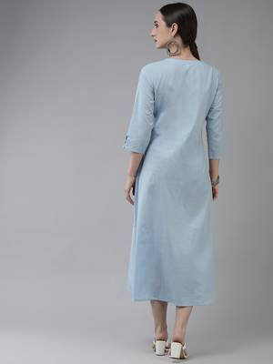 Sky-blue embroidered cotton long-dresses 3