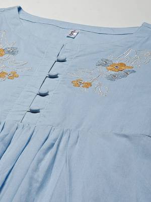 Sky-blue embroidered cotton long-dresses 4
