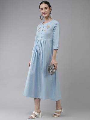 Sky-blue embroidered cotton long-dresses 5