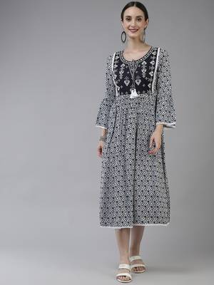 Navy-blue printed viscose rayon long-dresses 1