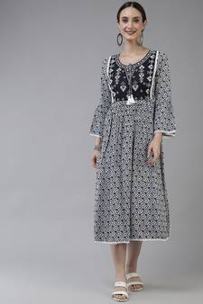 Navy-blue printed viscose rayon long-dresses