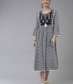 Navy-blue printed viscose rayon long-dresses