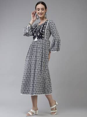 Navy-blue printed viscose rayon long-dresses 2