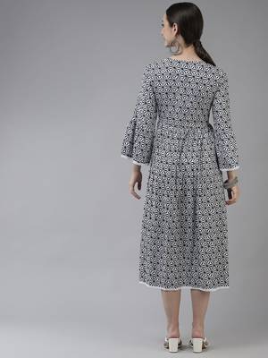 Navy-blue printed viscose rayon long-dresses 3