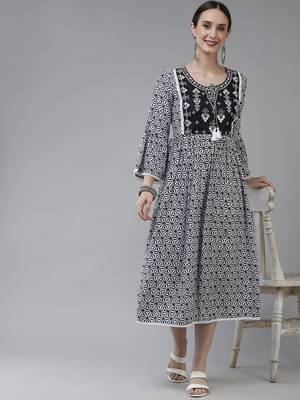 Navy-blue printed viscose rayon long-dresses 5