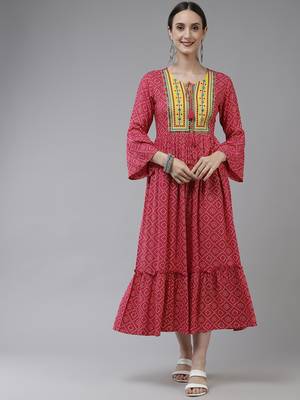 Pink printed viscose rayon long-dresses 1