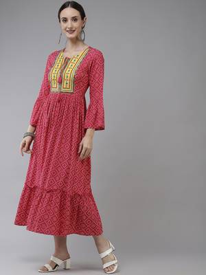 Pink printed viscose rayon long-dresses 2