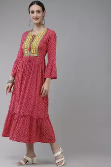 Pink printed viscose rayon long-dresses