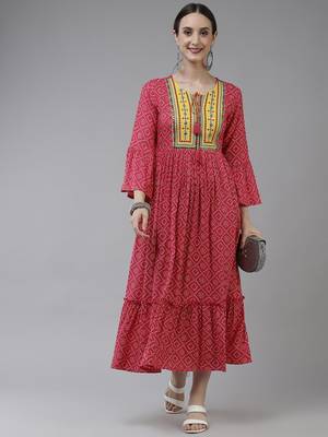 Pink printed viscose rayon long-dresses 5