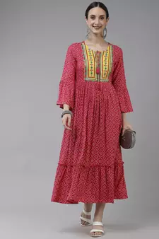 Pink printed viscose rayon long-dresses
