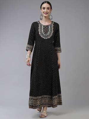 Black printed viscose rayon long-dresses 1