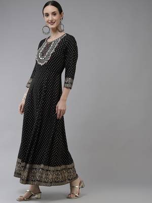 Black printed viscose rayon long-dresses 2