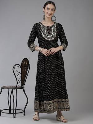 Black printed viscose rayon long-dresses 5