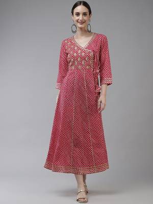 Pink embroidered cotton long-dresses 1