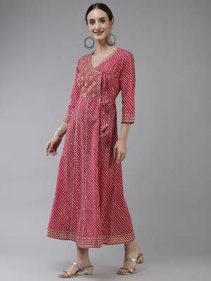 Pink embroidered cotton long-dresses 2