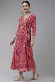Pink embroidered cotton long-dresses