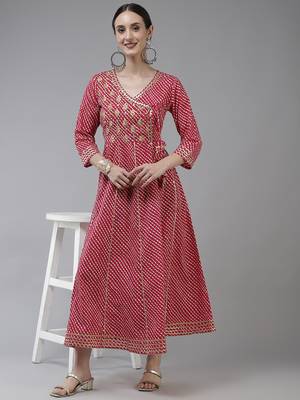 Pink embroidered cotton long-dresses 5