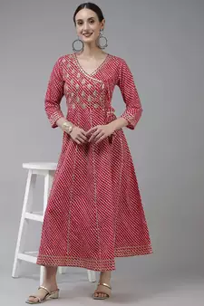 Pink embroidered cotton long-dresses