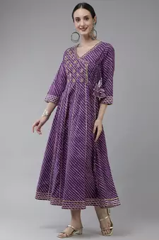 Purple embroidered cotton long-dresses