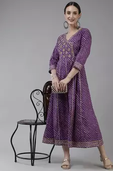 Purple embroidered cotton long-dresses