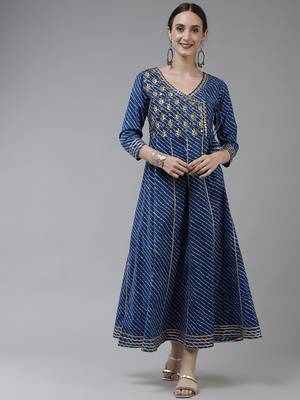 Blue embroidered cotton long-dresses 1