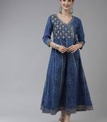Blue embroidered cotton long-dresses