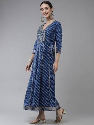 Blue embroidered cotton long-dresses 2