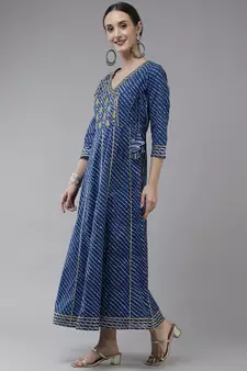 Blue embroidered cotton long-dresses