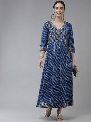 Blue embroidered cotton long-dresses 5