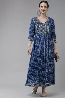 Blue embroidered cotton long-dresses