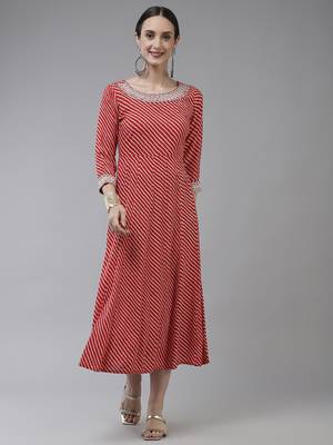 Red printed viscose rayon long-dresses 1