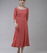 Red printed viscose rayon long-dresses