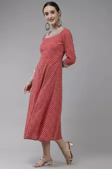 Red printed viscose rayon long-dresses