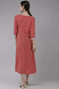 Red printed viscose rayon long-dresses