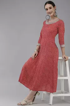 Red printed viscose rayon long-dresses