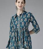 Blue printed cotton long-tops