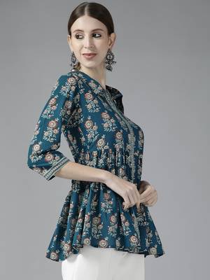 Blue printed cotton long-tops 2